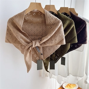 French style knitted striped triangle scarf with hollow patterns in khaki and army green