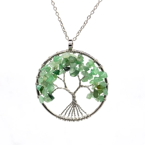 Close-up of tree of life pendant with handmade silver wire and green crystal beads