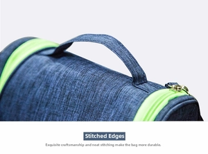 Close-up of navy blue fabric bag with lime green zipper and reinforced top handle details