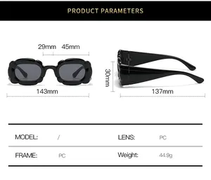 Size chart for Y2K pumpkin sunglasses with detailed lens and frame measurements