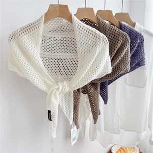 Hollow knit triangle shawl for women in cream, brown and greyish purple colors