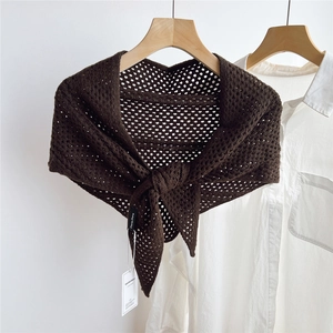 Detailed knit texture of dark coffee hollow crochet shawl with a front tie knot design