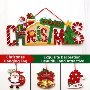 Variation display of glittery Christmas door signs including Santa, bells, and holiday motifs