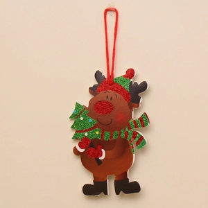Christmas reindeer pendant with red sequin hat and green tree for festive decor