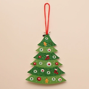 Green Christmas tree hanging ornament with festive patterns and a red cord hanger