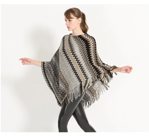 Detailed view of striped knit poncho with fringe hem and wave pattern design