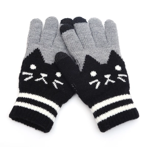 Winter touch screen knitted gloves with cat pattern for women in black grey white