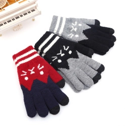 Ladies Knitted Winter Gloves Imitation Cashmere Warm Touchscreen Fingertips Cute Cat Jacquard Striped Cuffs