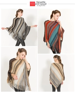 Detailed views of women's knit poncho showing wave patterns and long tassel fringes
