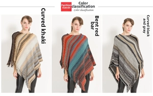 Three color variants of women's wave pattern knit ponchos with fringe tassels