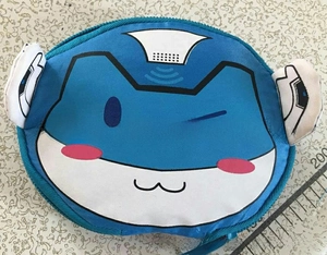 Detail of blue cartoon cat coin purse with zipper closure and cute white ear accents