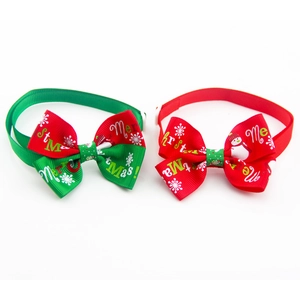 Handmade Christmas pet bow tie collars in red and green with Merry Christmas patterns