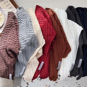 Striped hollow knit triangular scarf available in multiple autumn solid colors
