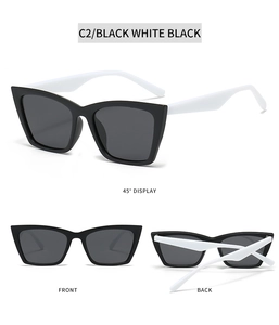 Detailed multi-angle view of black and white cat-eye sunglasses with polarized lenses