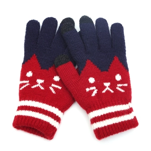 Winter thermal knit gloves with cat jacquard and touchscreen fingertips in red and blue