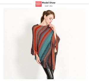 Detail of bohemian knit shawl with colorful zigzag patterns and fine fringe tassels