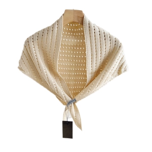 Striped knit hollow triangle scarf shawl in cream white with soft crochet texture