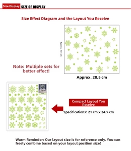 Size chart showing 21x24.5cm sheet of glow-in-the-dark snowflake and star wall stickers