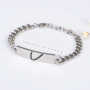 Classic titanium steel couple bracelet with Real Love engraving and half heart puzzle
