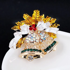 Christmas holly berry and twin bell brooch with crystals and white enamel bow tie