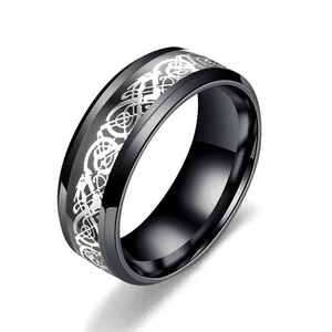 Black stainless steel ring with silver Celtic dragon inlay and beveled edges