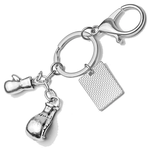 Polished silver metal keychain featuring boxing glove pendants and a textured tag