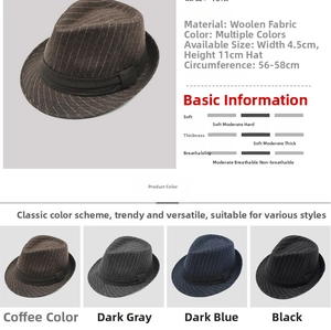 Detail showing wool fedora hats in four colors with striped pattern and size parameters