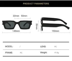Detailed size guide and technical parameters for trendy rectangular PC sunglasses