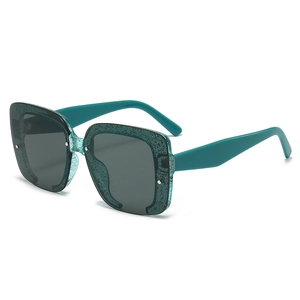 Square dark green sunglasses with glitter dust frame and gray lenses in 45-degree view