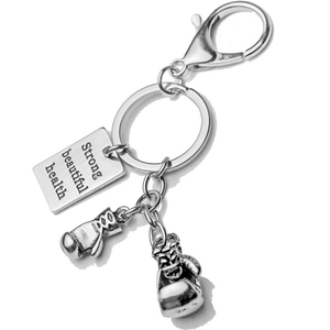 Silver rugby boxing glove keychain with engraved strong beautiful health metal plate