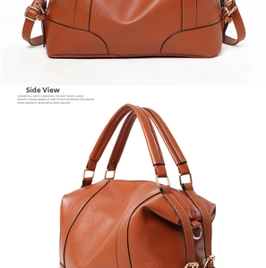 Detailed side view of brown litchi pattern leather handbag with adjustable strap