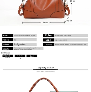 Size chart for brown PU leather handbag showing 34x15x28 cm dimensions and internal structure