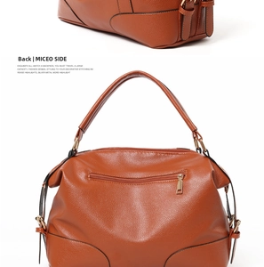 Brown faux leather handbag featuring back zipper pocket and pebble grain texture details