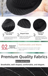 Detailed view of the warm wool blend fabric and fine striped texture on the fedora hat