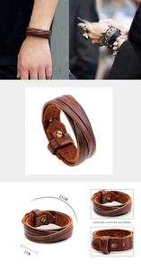Detailweergave van een bruine gelaagde echt lederen armband met afmetingen 25cm en 2cm