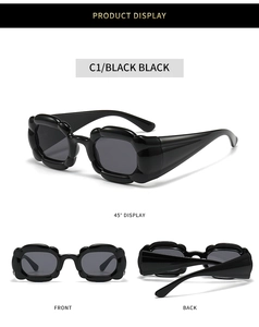 Three-way view showing the black pumpkin-shaped Y2K sunglasses from front and side angles