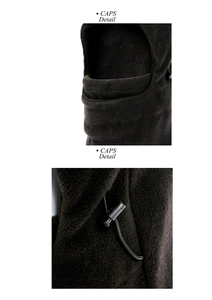 Detail of winter fleece balaclava showing adjustable drawstring and warm texture