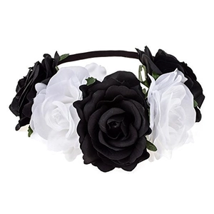 Close-up of gothic black and white faux rose headband with realistic silk fabric petals
