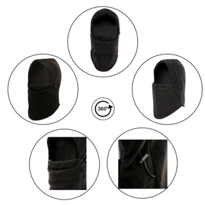 Detail showing 360-degree view of black fleece balaclava with adjustable drawstring