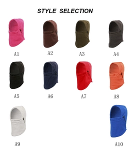 Detailed flat lay of fleece balaclavas in ten colors with adjustable drawstrings