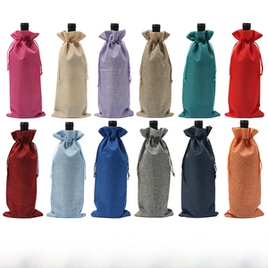 Linen drawstring wine gift bags in 12 assorted colors for bottle packaging and decor