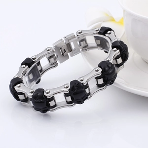 Men's punk stainless steel skull bracelet with motor chain design and fold-over clasp