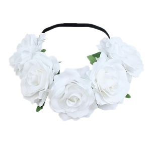 Bohemian style white rose headband with realistic fabric flowers and green leaves