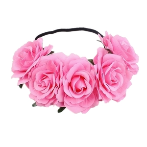 Bohemian pink rose crown headband with realistic artificial flowers on black elastic band