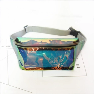 Close-up of holographic laser fanny pack featuring adjustable gray strap and plastic buckle