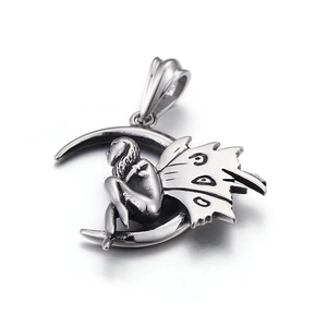 Silver stainless steel moon fairy pendant necklace for women with polished finish