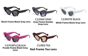 Detail showing five color variants of Pegasus cat-eye sunglasses with spiral relief textures
