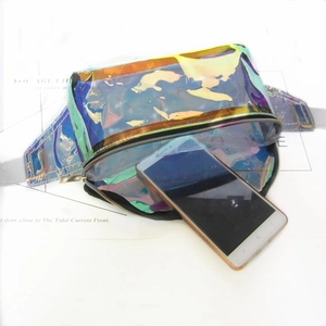Macro view of holographic PVC waist bag capacity showing a smartphone inside