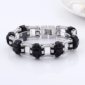 Men's retro stainless steel 316L biker chain bracelet with black skull design