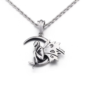 Polished stainless steel necklace featuring a moon and winged fairy angel pendant